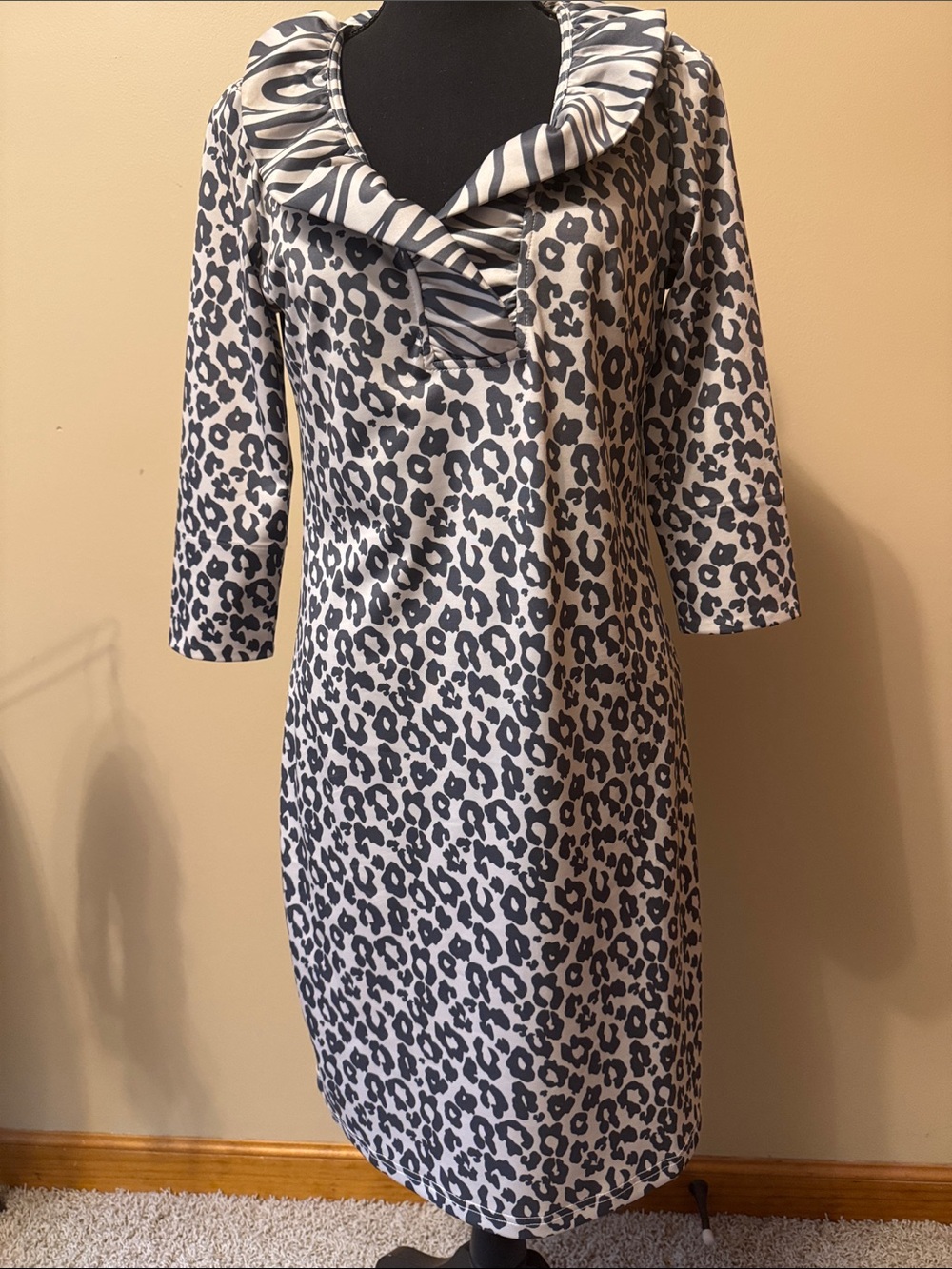 Gretchen Scott Designs Gray and White Leopard Midi Dress with Striped Collar